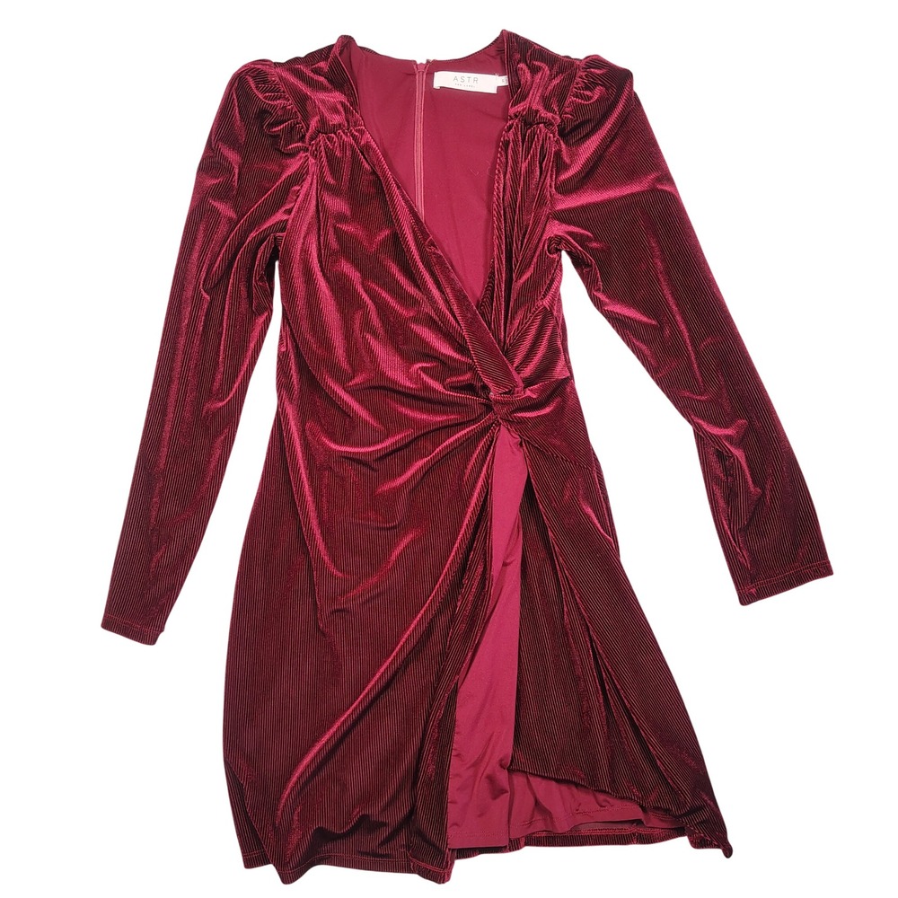 ASTR the Label Mini Dress Women Medium Burgundy Twist Ribbed Velvet Large Sleeve